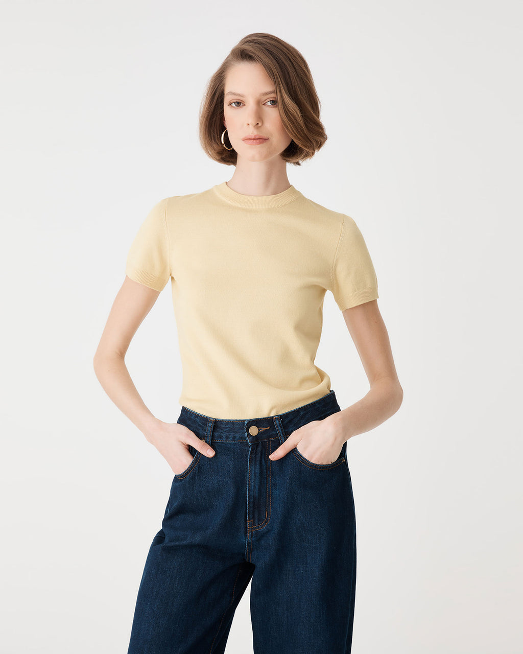 Catherine Short Sleeve Knit in straw yellow — fabric detail