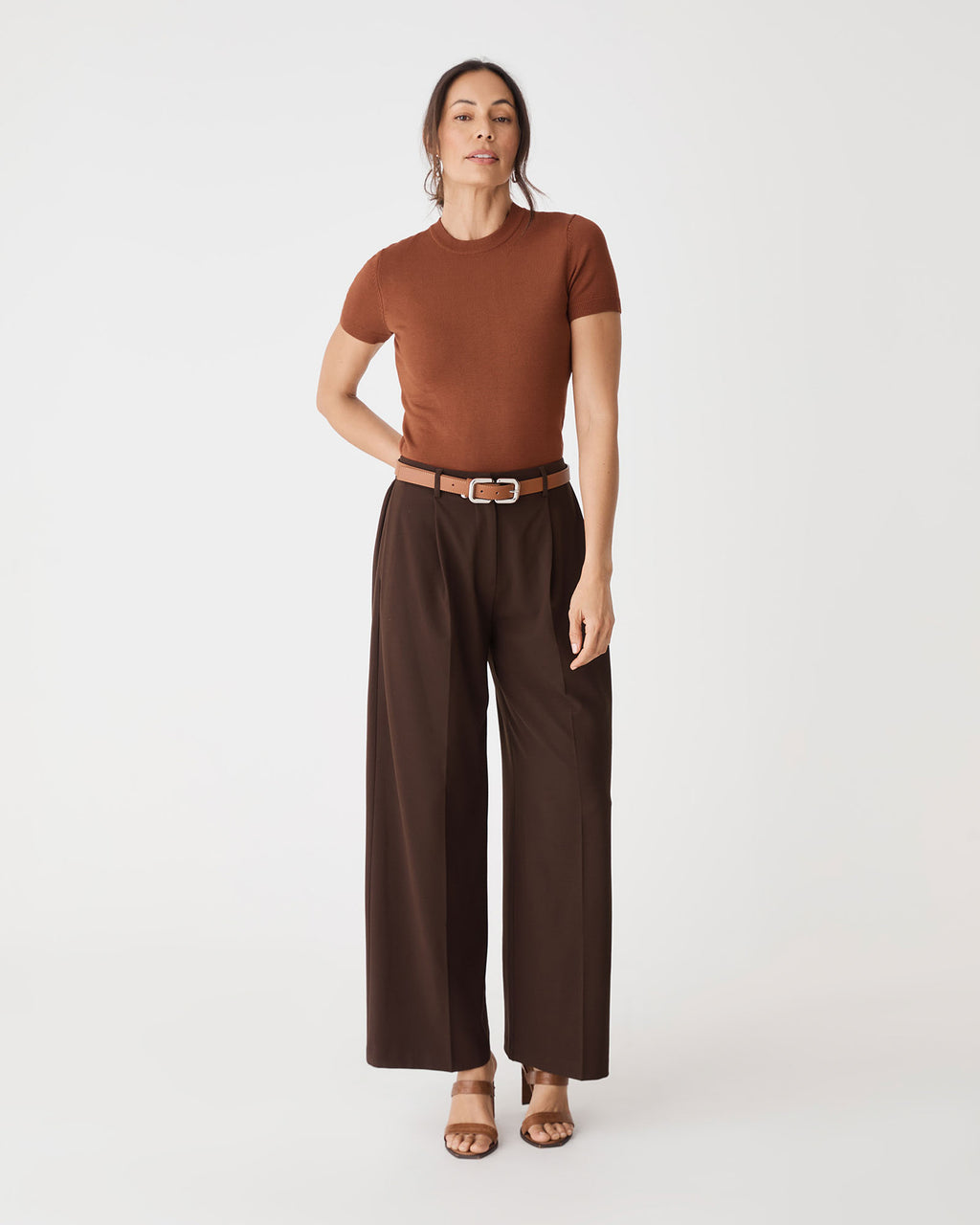 Catherine Short Sleeve Knit in brandy — full-length view