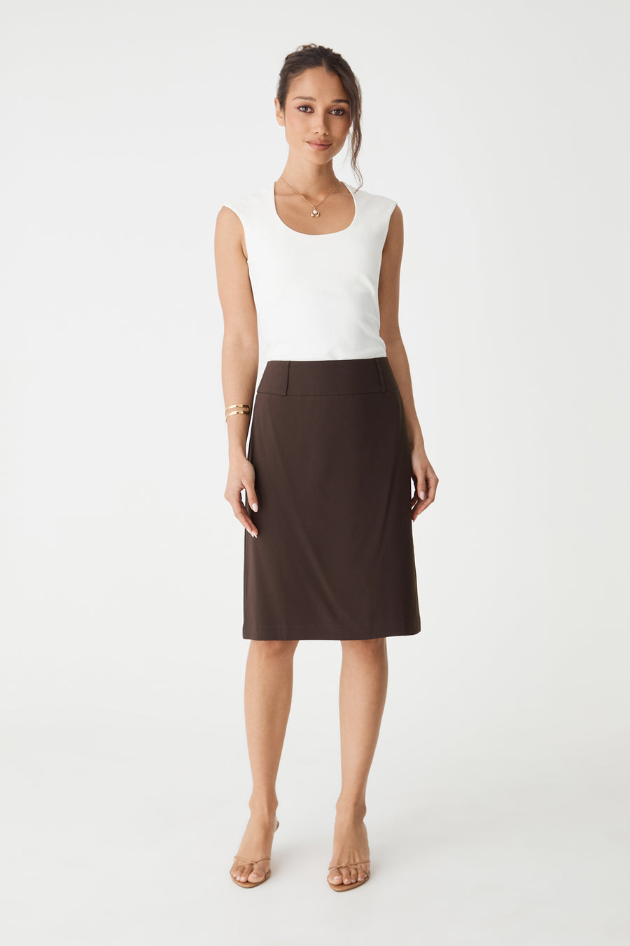 Soho Scoop Neck Top in Cloud, front view worn tucked into a brown midi skirt