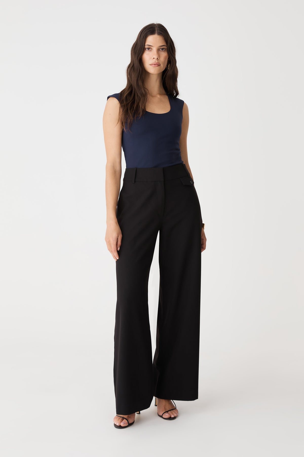 Soho Scoop Neck Top in dark navy, front view worn with black wide-leg trousers