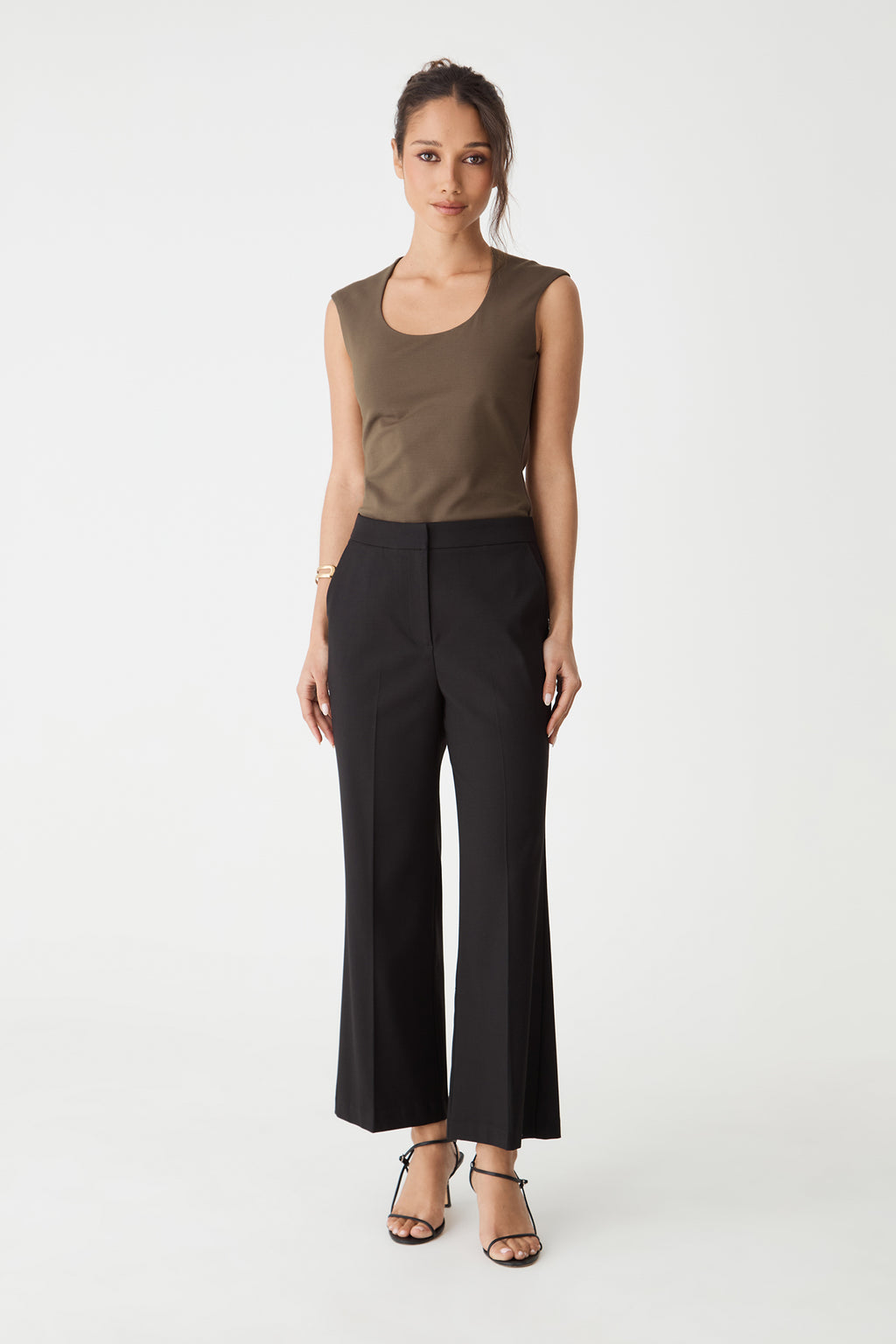 Soho Scoop Neck Top in mocha brown, front view worn tucked into black wide-leg trousers