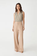 Alivia 2 V-Neck Top in khaki, front view, sleeveless top worn with beige wide-leg pants