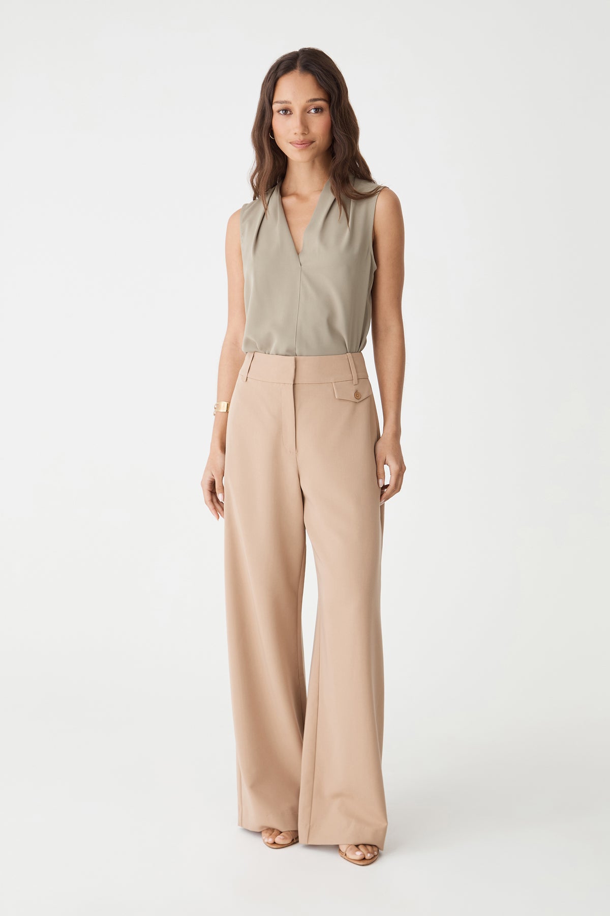 Alivia 2 V-Neck Top in khaki, front view, sleeveless top worn with beige wide-leg pants