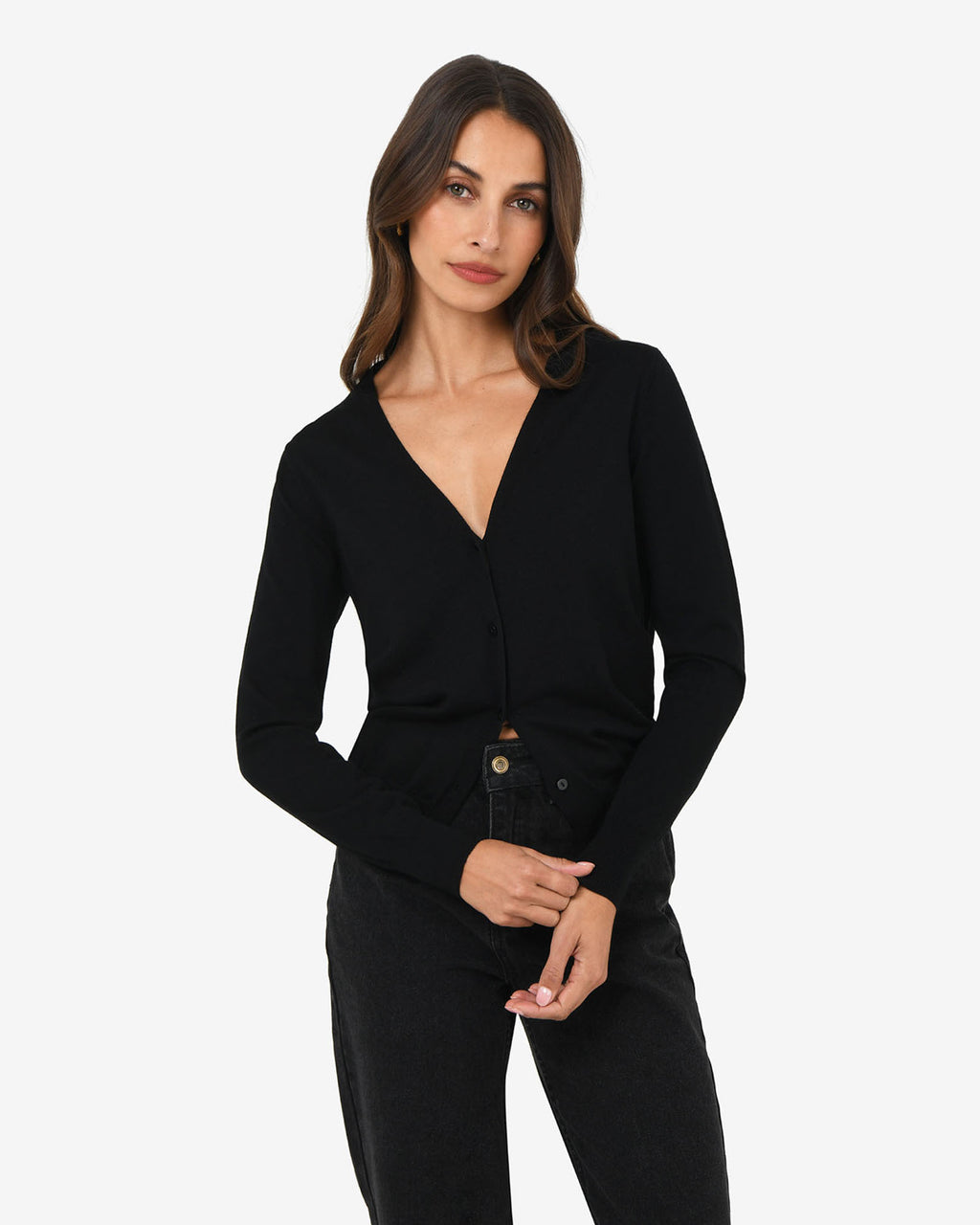 Nicolette V-Neck Knit Cardigan in black — close-up view