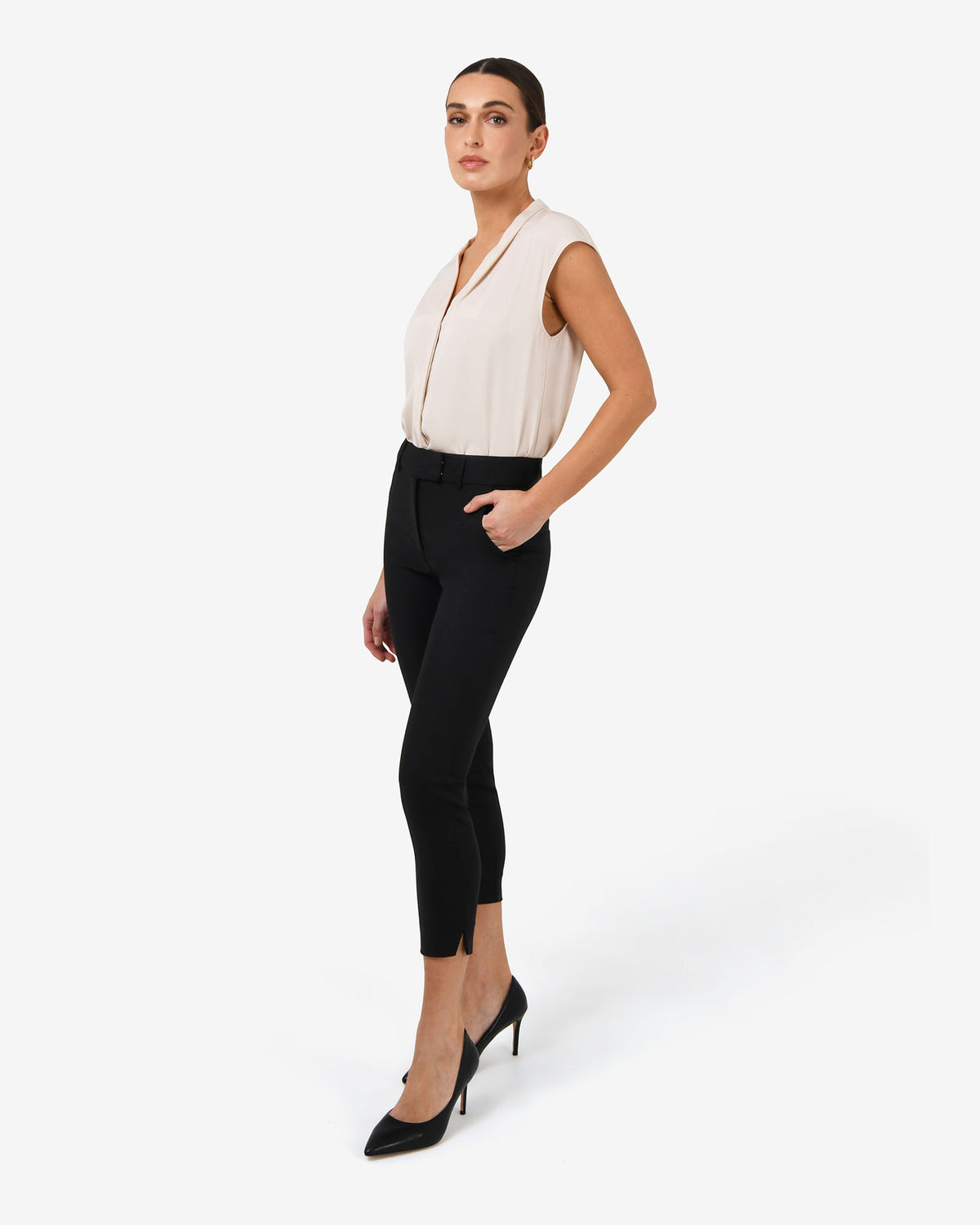 Adelaide V-Neck Cap Sleeve Top in ecru — side view