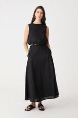 Kenya Linen Skirt in black, front view, worn with matching sleeveless Kenya Ruched Linen Top