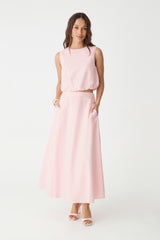 Kenya Linen Skirt in Fairy Floss pink, front view, worn with matching sleeveless top