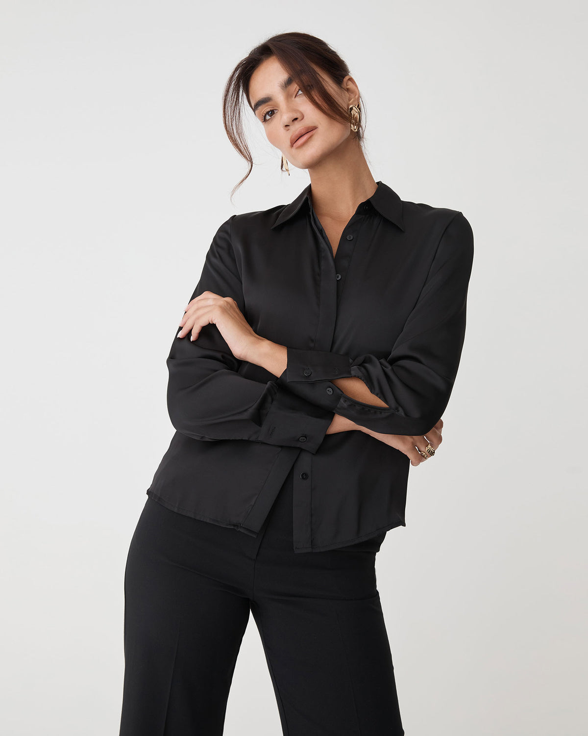 Mae Satin Shirt in black — close-up view 2