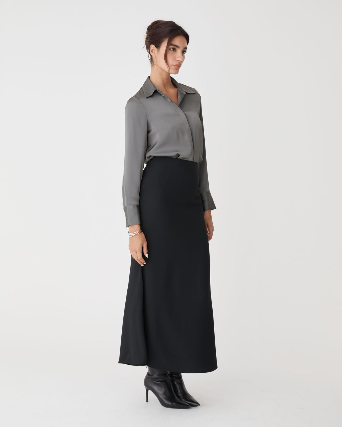 Mae Satin Shirt in charcoal — side view