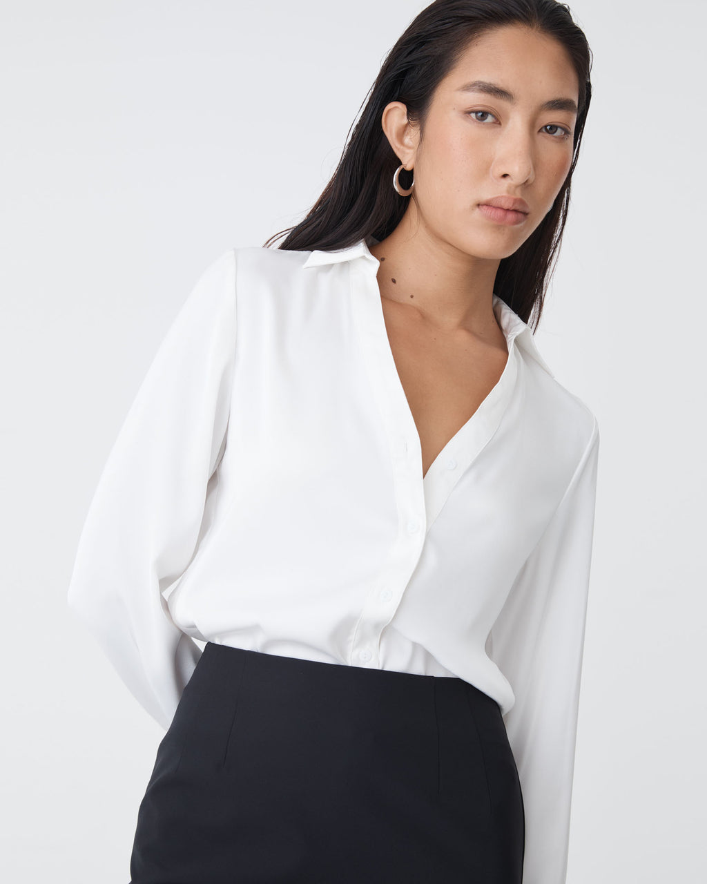 Lila V-Neck Satin Blouse in ivory — close-up view 2