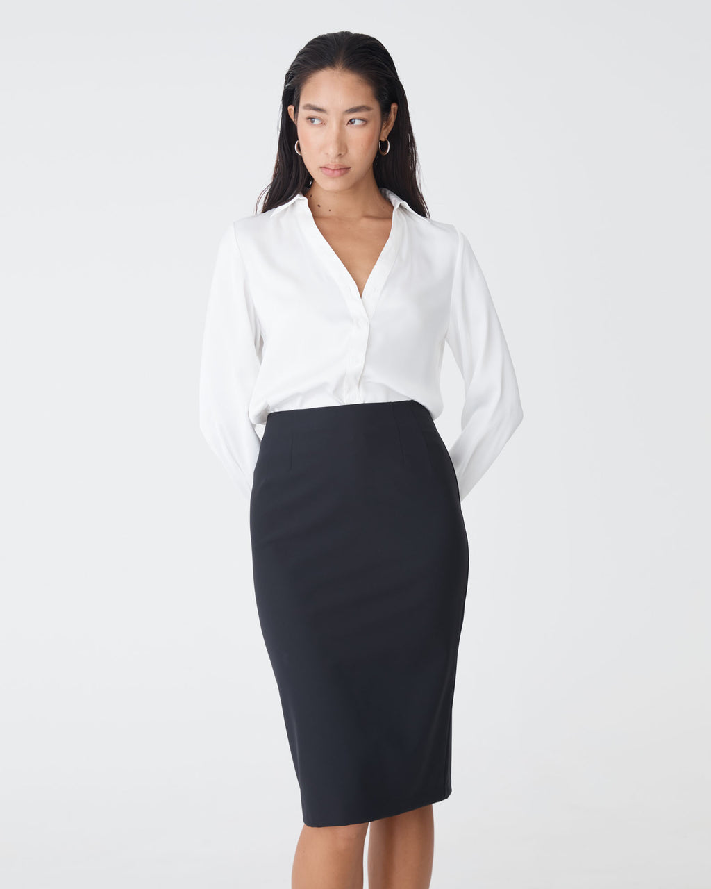 Lila V-Neck Satin Blouse in ivory — close-up view 3