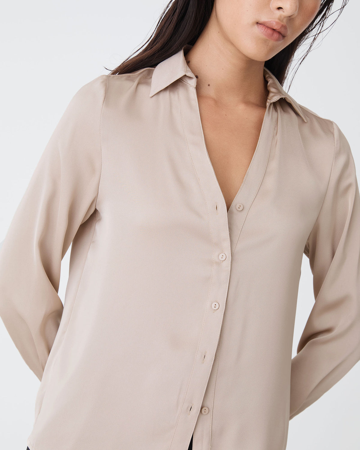 Lila V-Neck Satin Blouse in sand — fabric detail