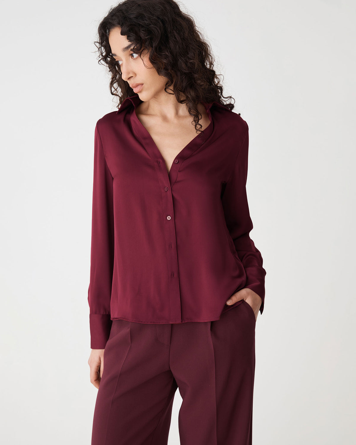 Lila V-Neck Satin Blouse in wine — close-up view 2