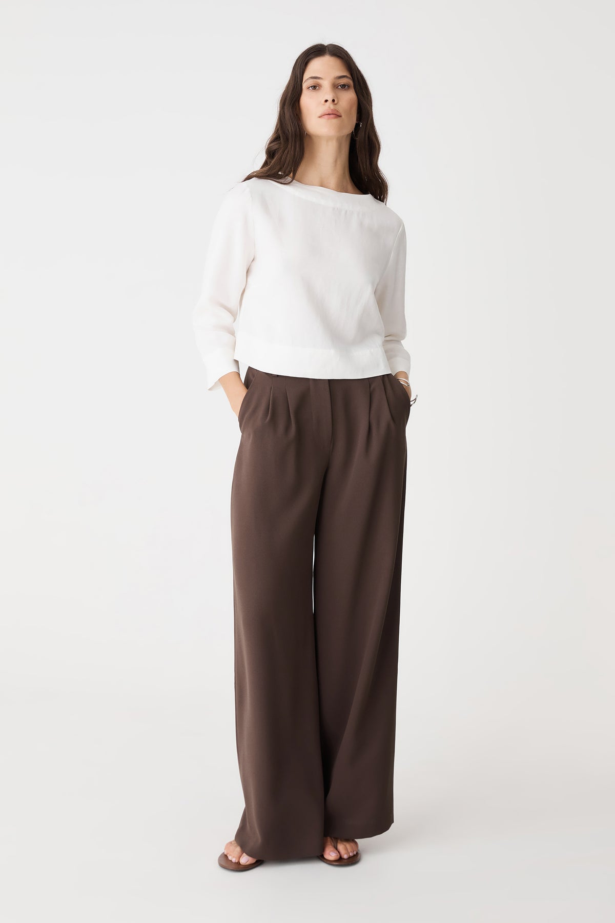Rumy Wide Leg Tailored Pants in chocolate, front view worn with a white long sleeve top