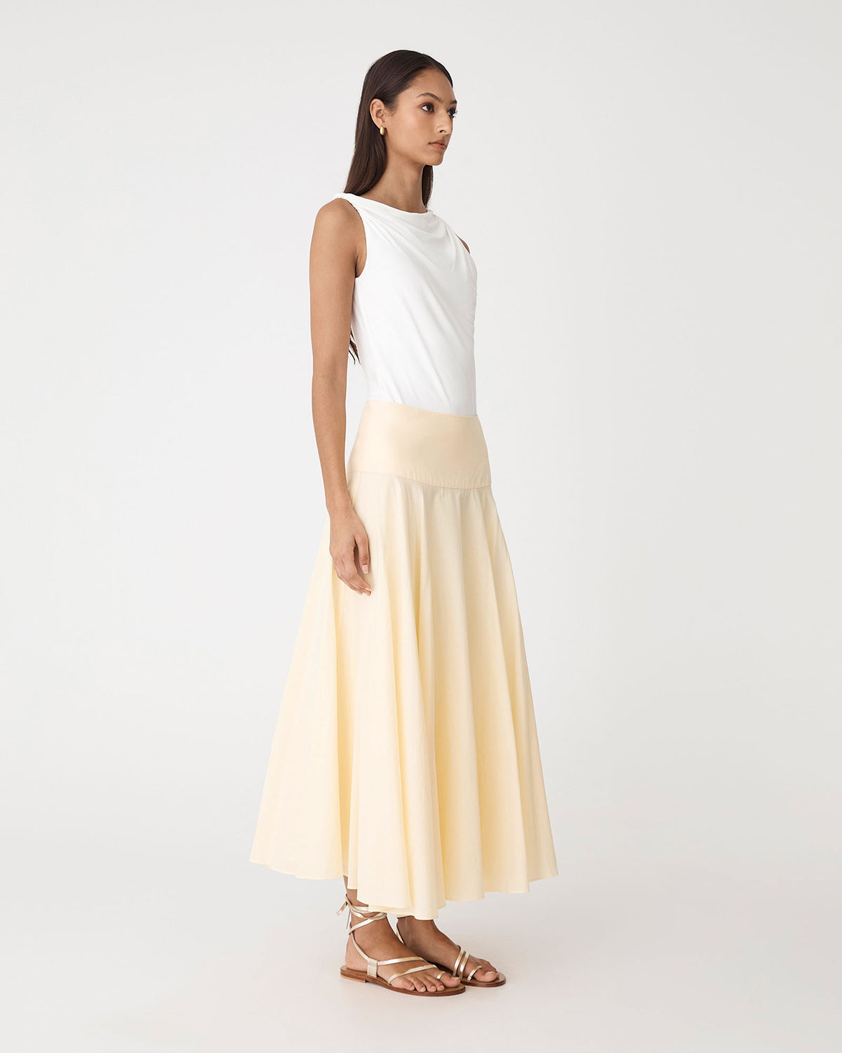 Deb Cotton Midi Full Skirt in butter yellow — side view 2
