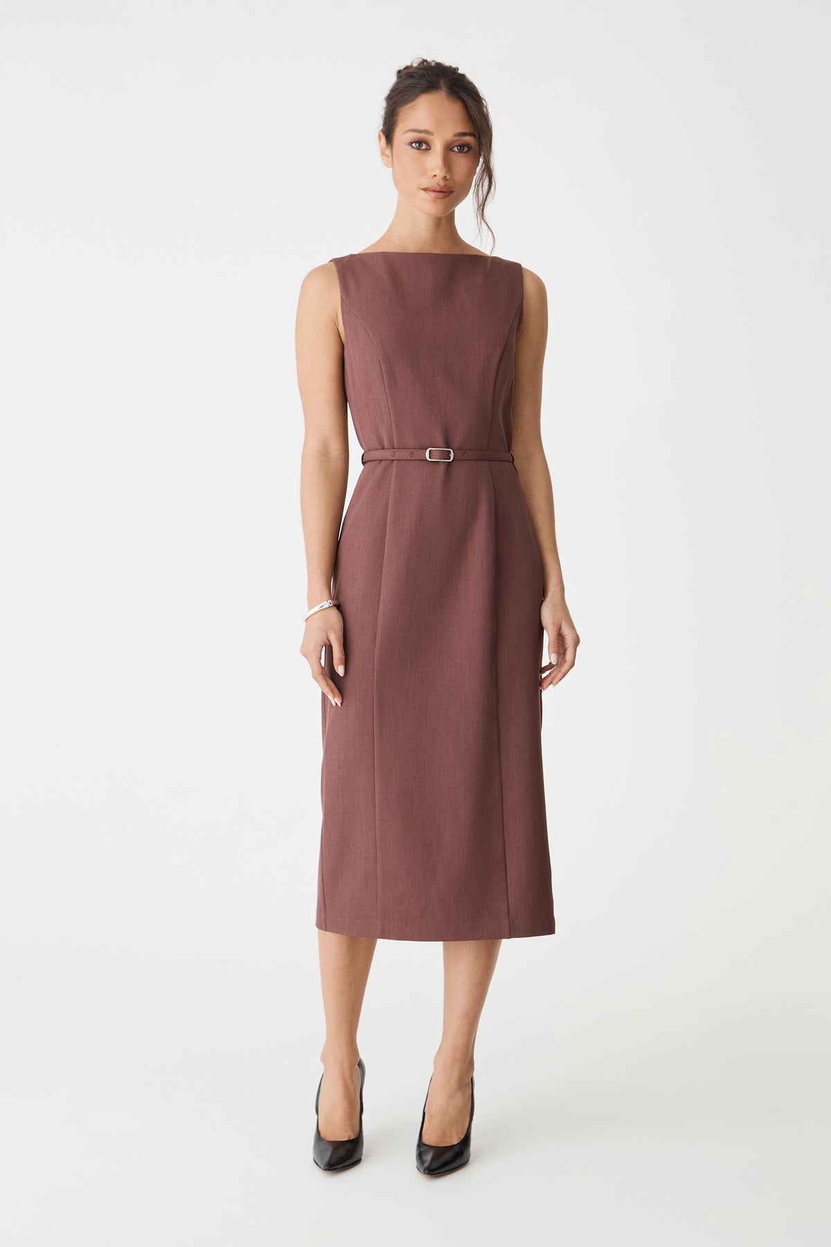 Mila Pencil Midi Dress in cinnamon, front view with slim belt buckled at the waist