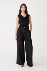 Ami Wide Leg Linen Pants in black, front view worn with matching black linen vest and belt