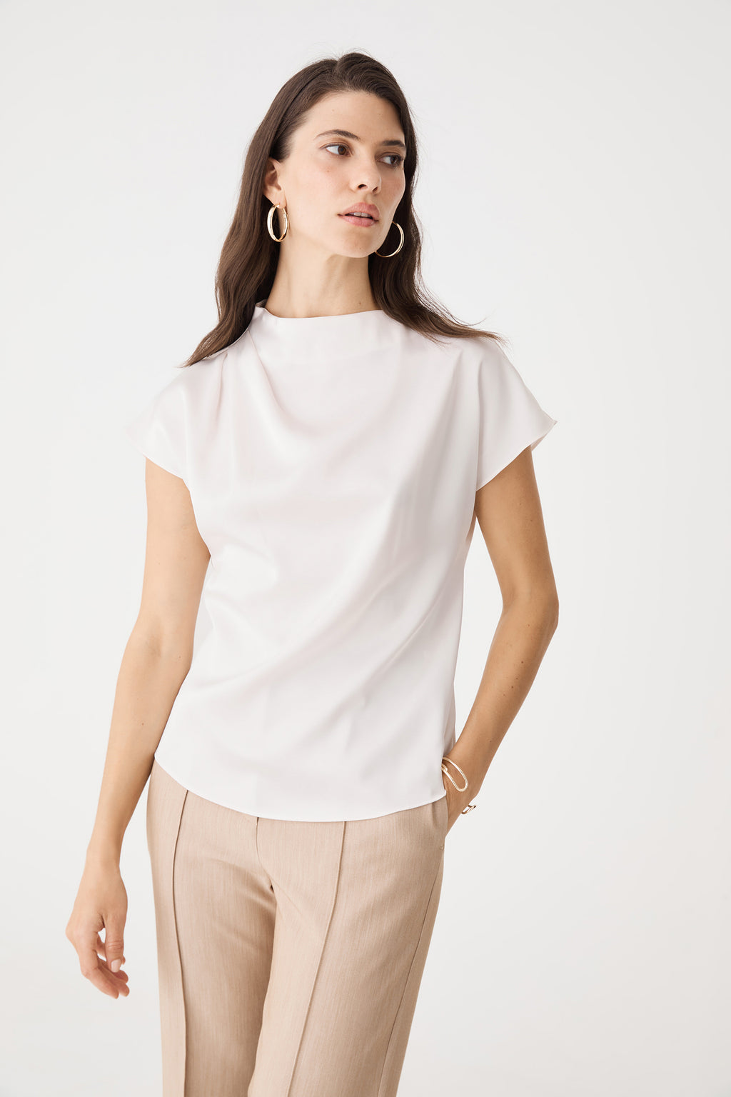 Close-up front view of the pearl Zafina Pleated Draped Top showing draped neckline