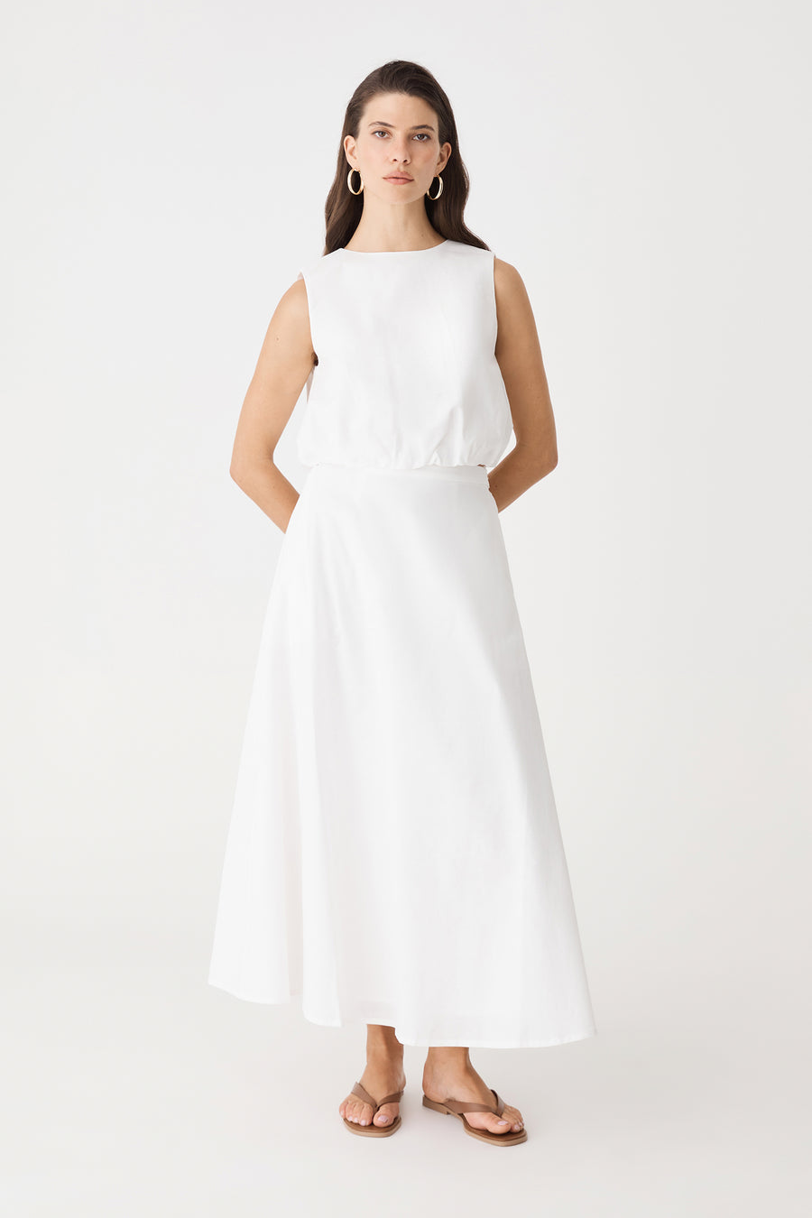 Kenya 2 Ruched Linen Top in ivory, front view, worn with matching ivory linen skirt