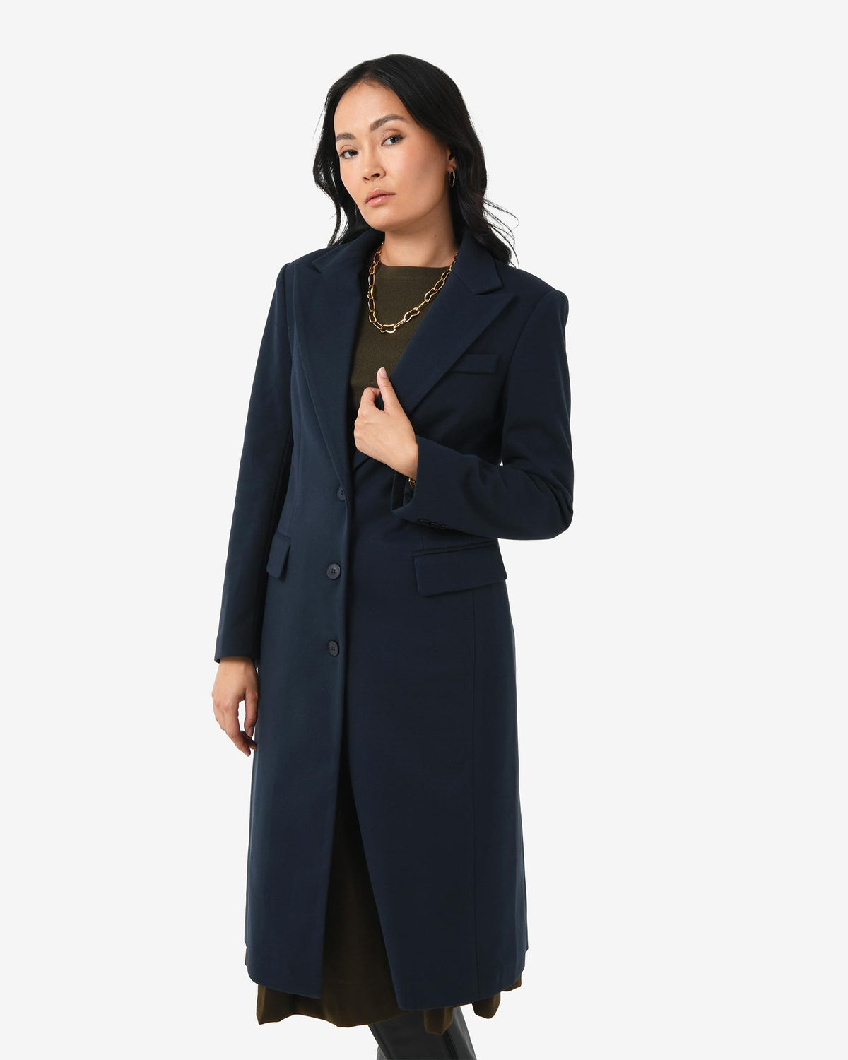 Cassandra Tailored Coat in navy — close-up view