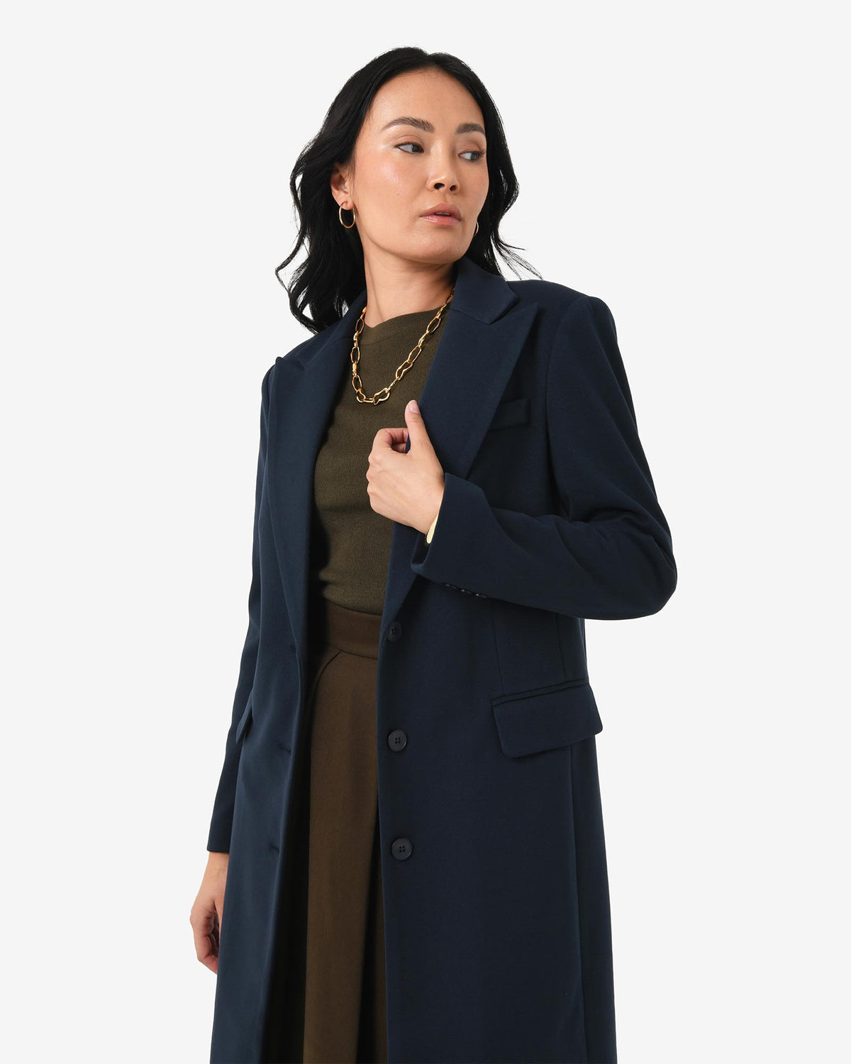 Cassandra Tailored Coat in navy — close-up view 2