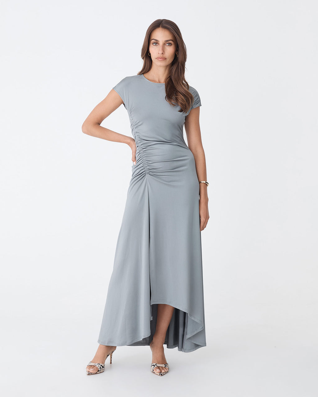 Kim Asymmetric Ruched Dress in pewter — full-length view 2