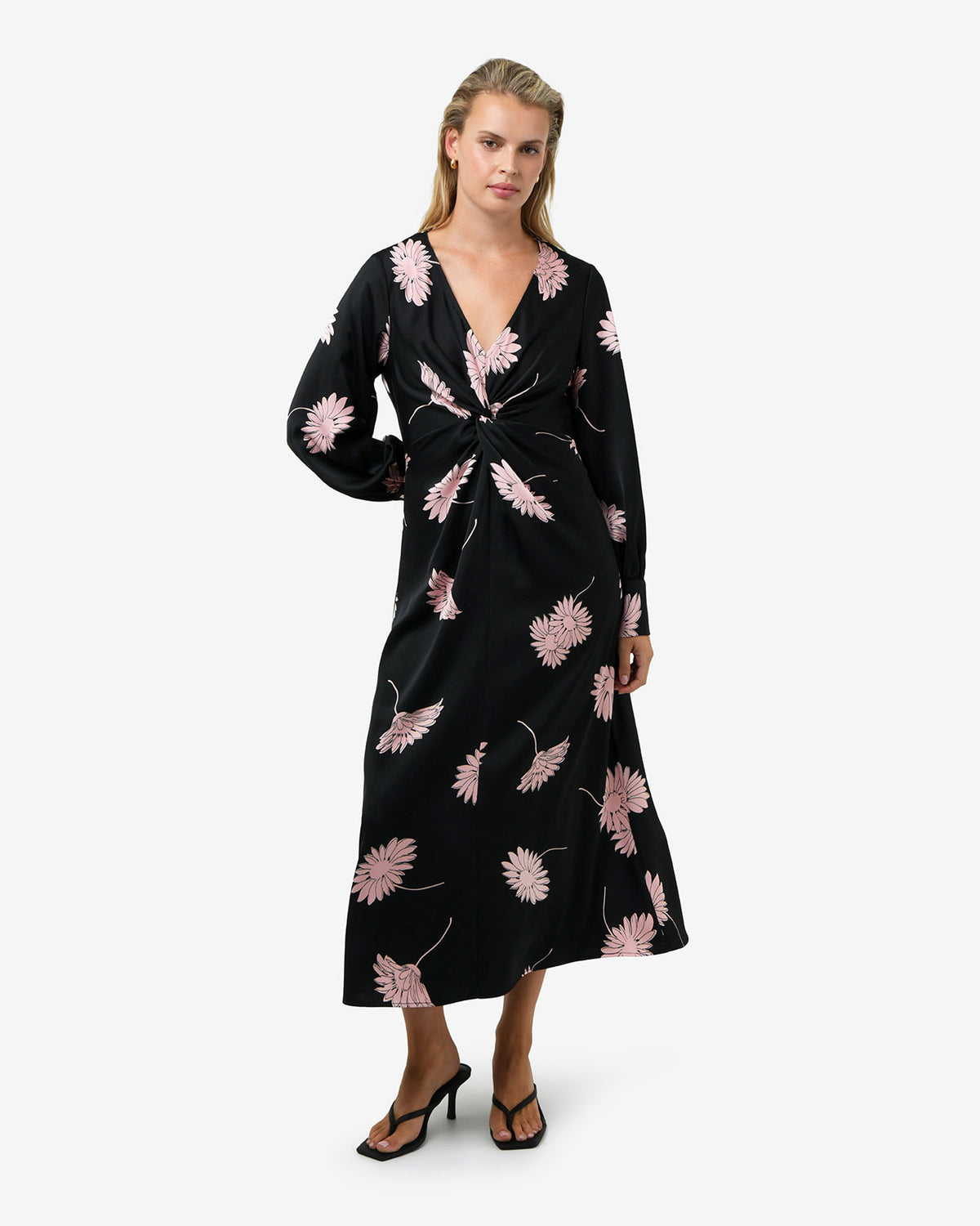 Felicia Floral Twist Dress in black pink — full-length view 2