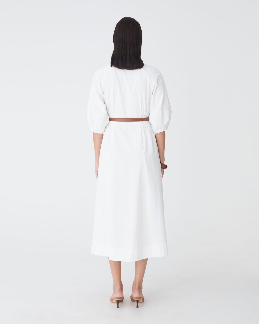 Lyn Lantern Sleeve Shirt Dress in ivory — back view