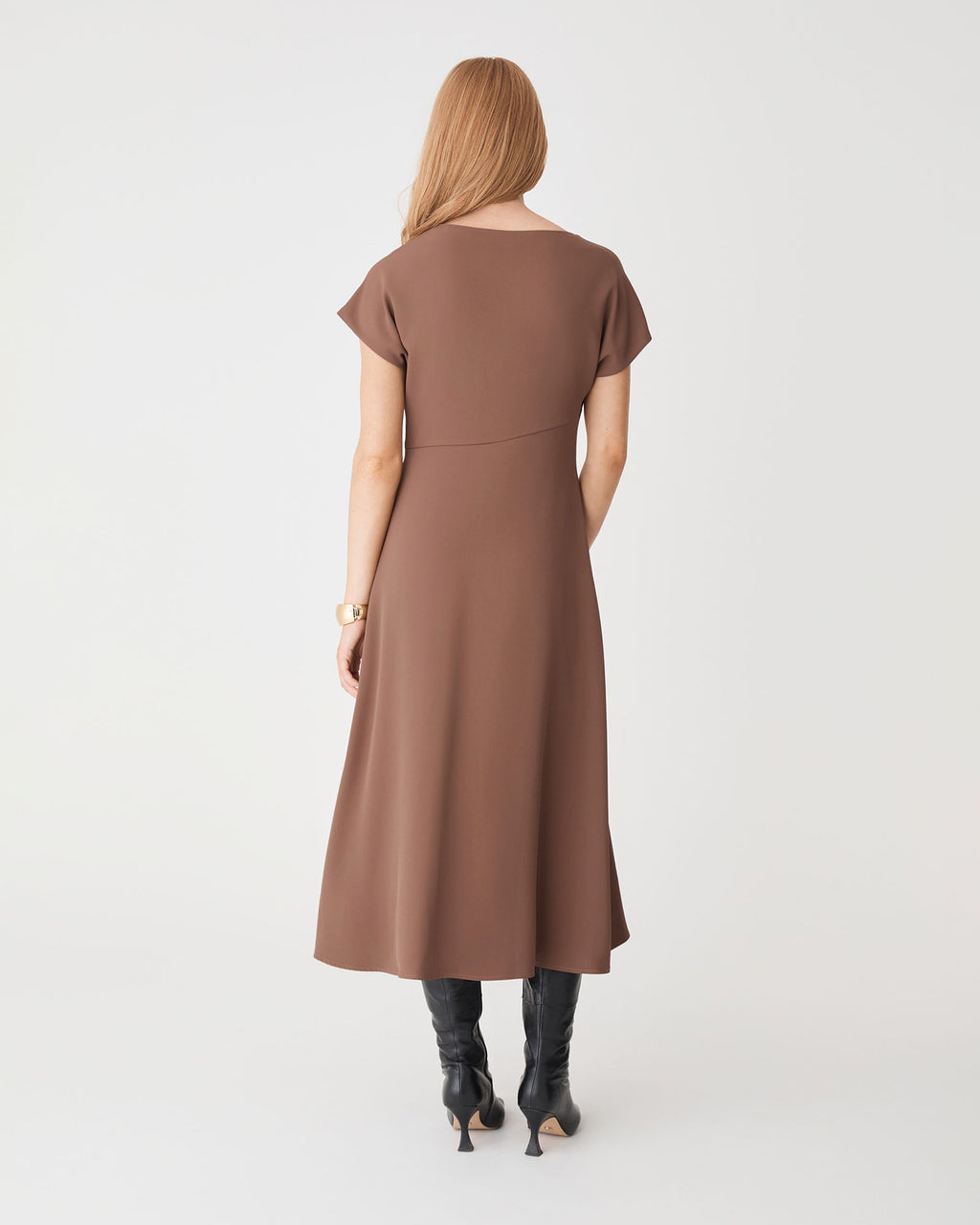 Bianca Side Pleat Midi Dress in coffee — back view