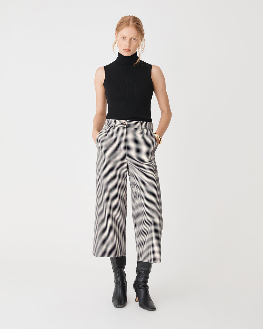 Flynn Wide Leg Culottes in beige check — full-length view