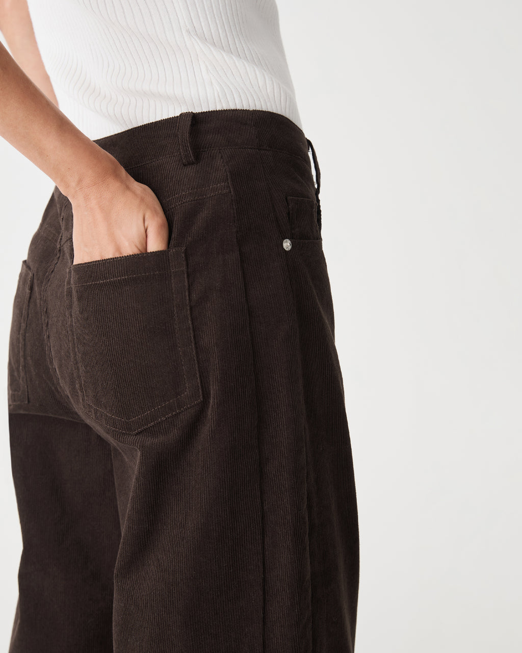 Nya Corduroy Barrel Leg Pants in chocolate — fabric detail