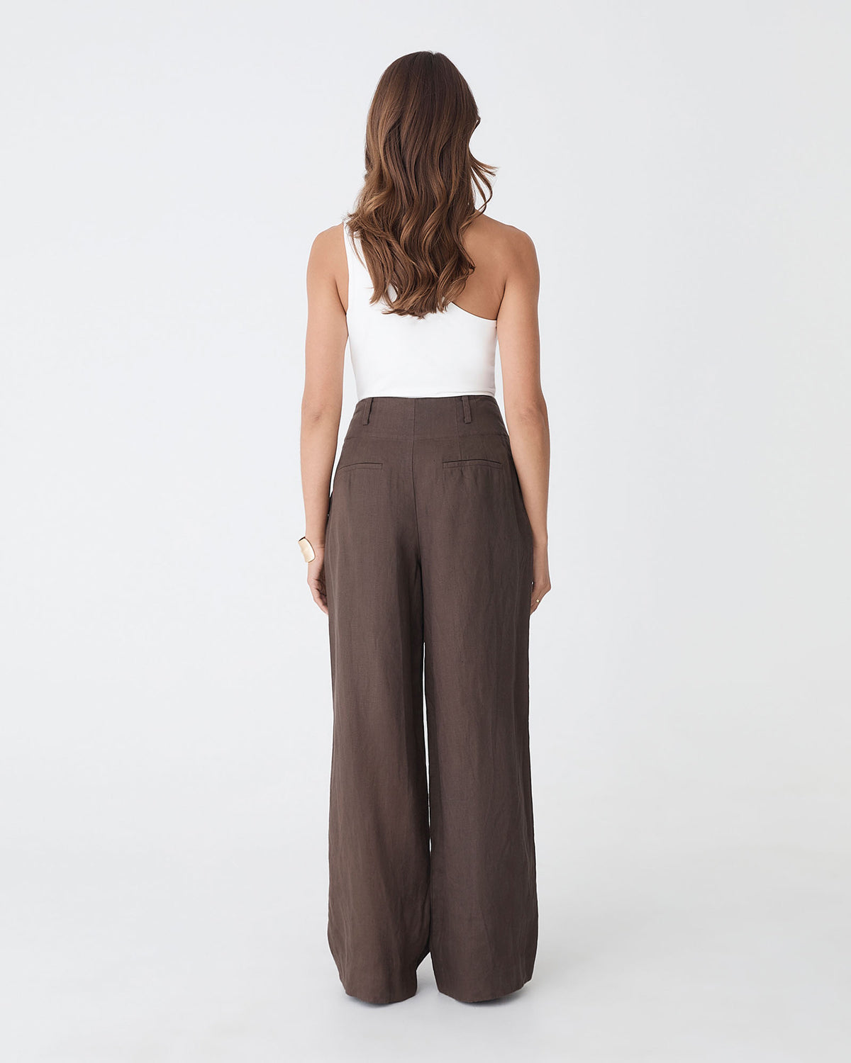 Ivy Linen Wide Leg Pants in chocolate — back view