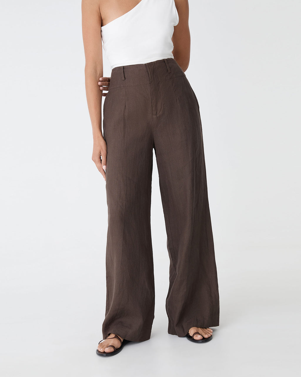 Ivy Linen Wide Leg Pants in chocolate — close-up view 2