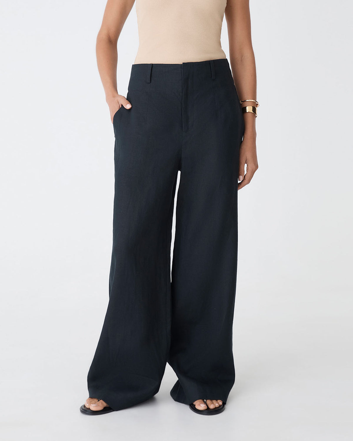 Ivy Linen Wide Leg Pants in washed black — close-up view