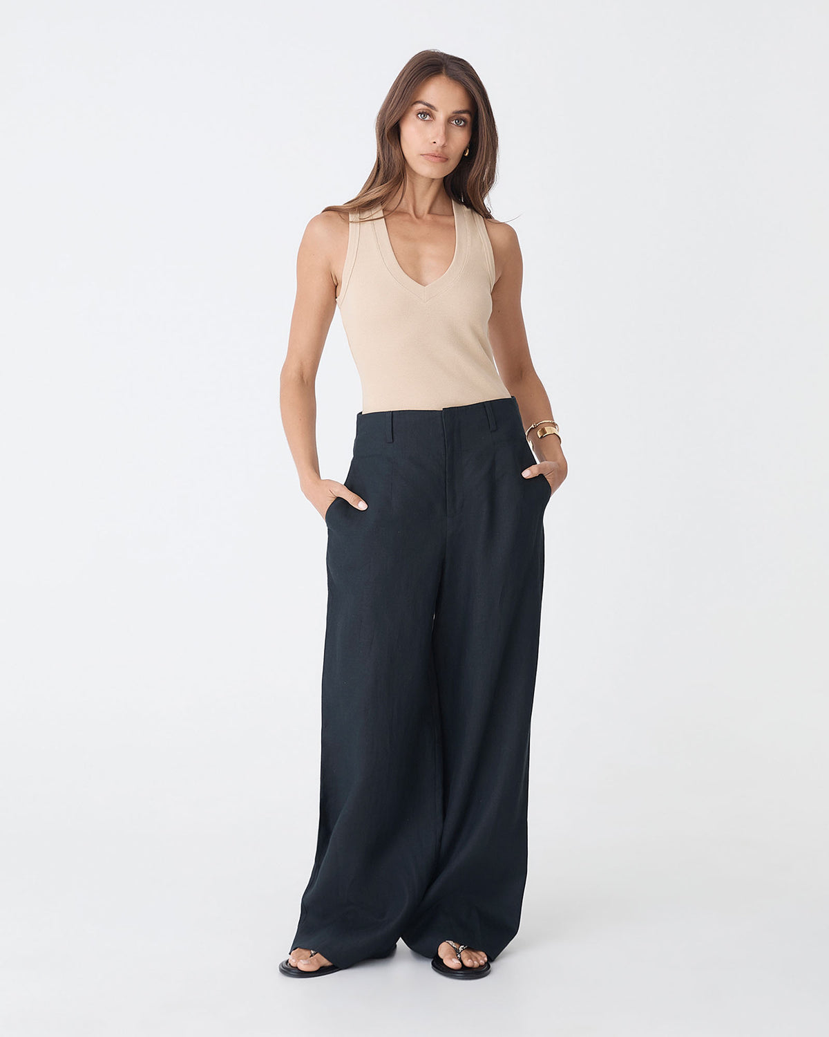 Ivy Linen Wide Leg Pants in washed black — full-length view 2