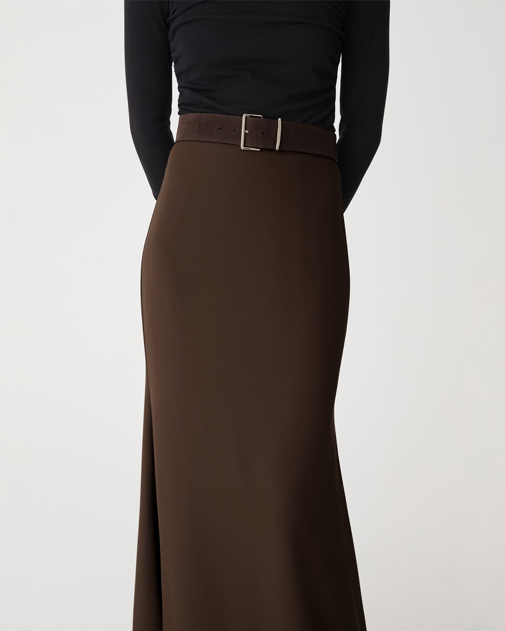 Caris Flared Maxi Skirt in chocolate — close-up view 2