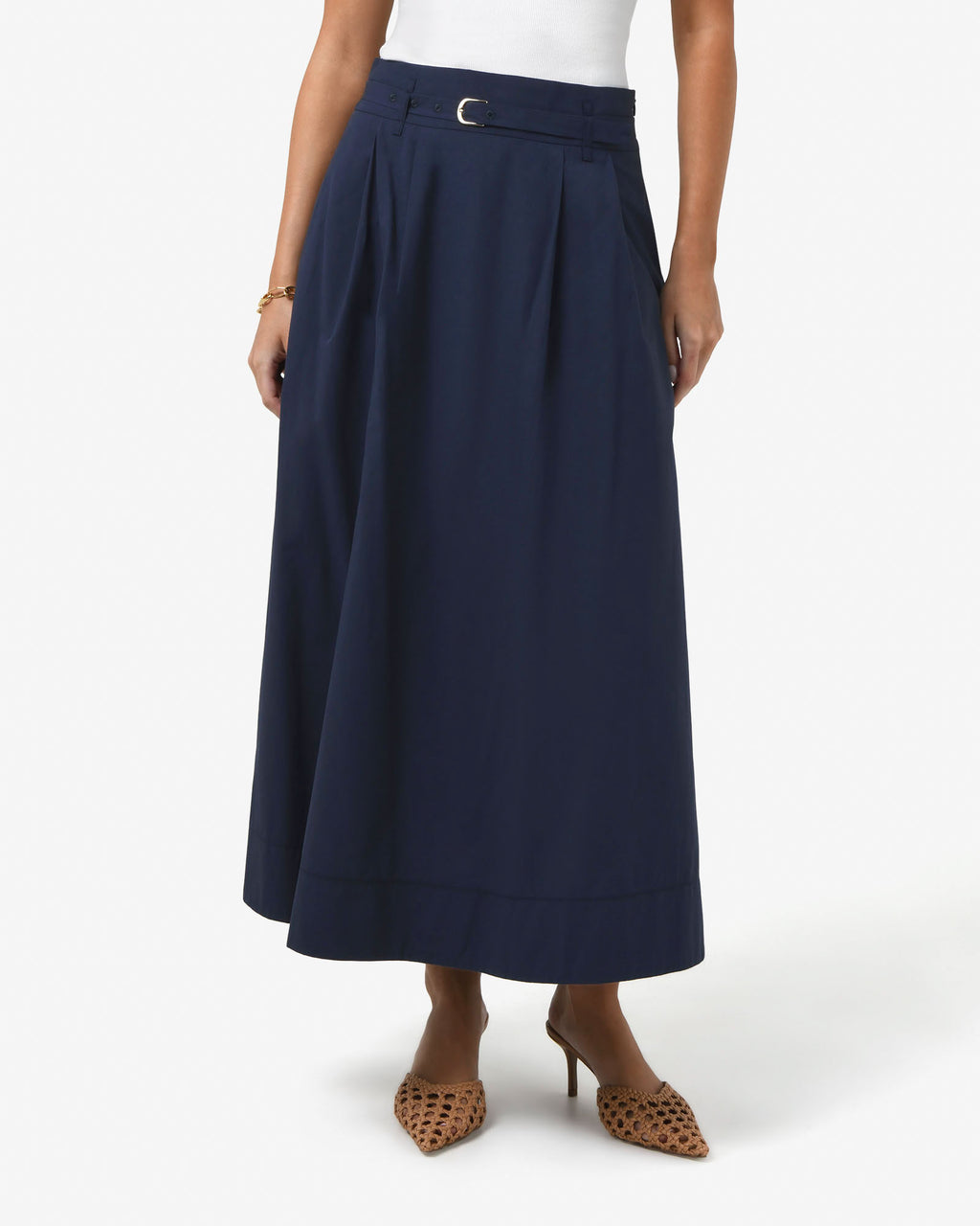 Willow Cotton Belted Skirt in navy — close-up view