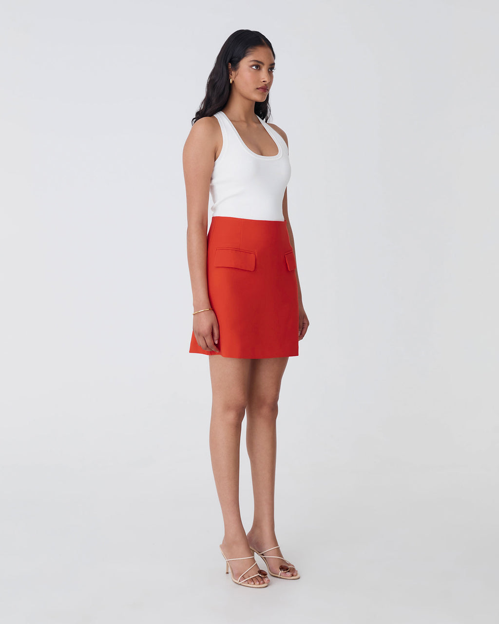 Kinsley Tailored Mini Skirt in vermilion — side view
