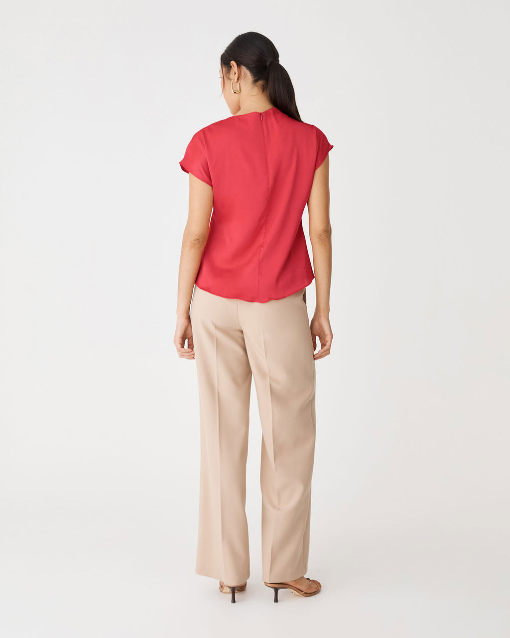 Zafina Pleated Draped Top in scarlet — back view