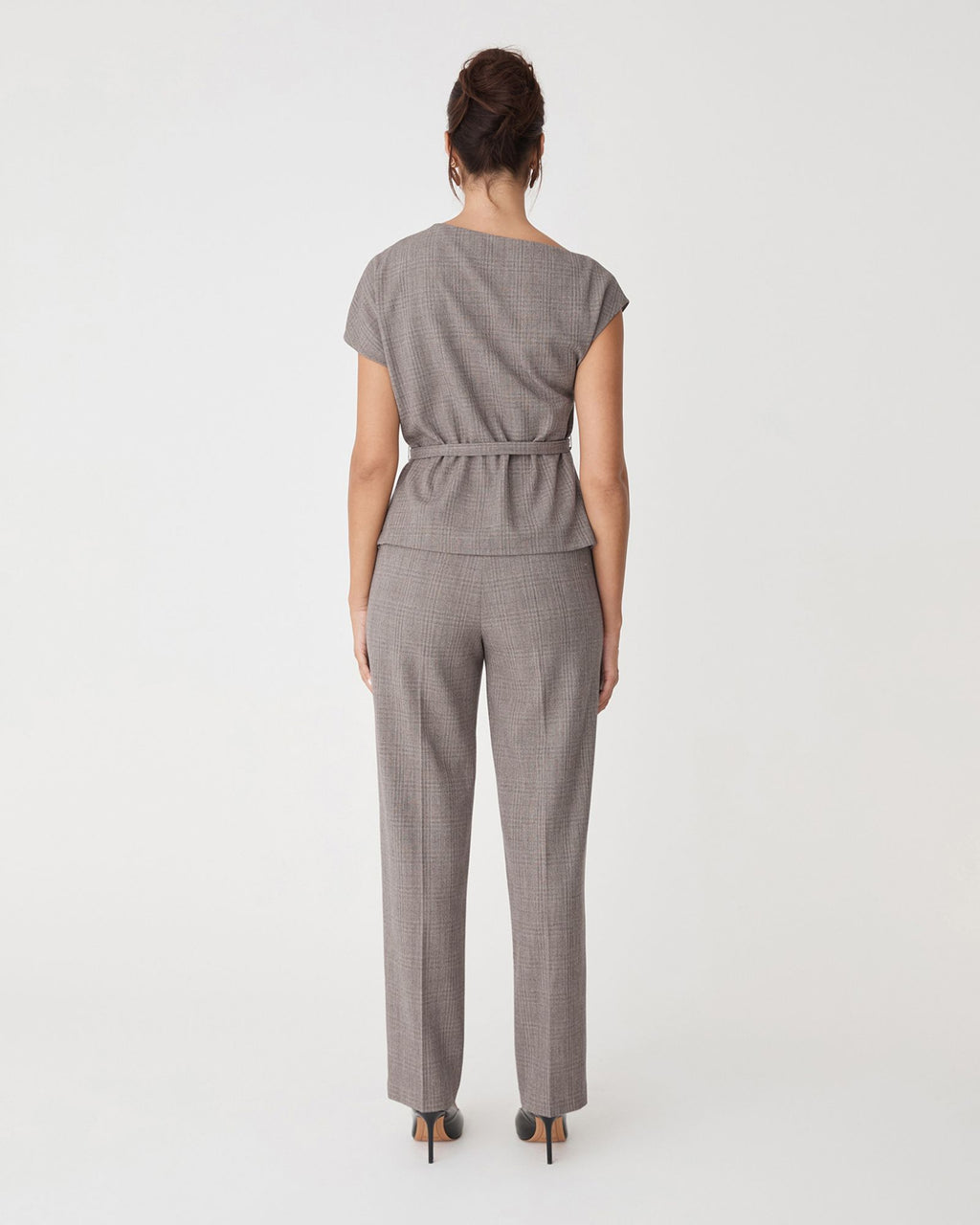 Loretta Pleat Belted Top in latte check — back view