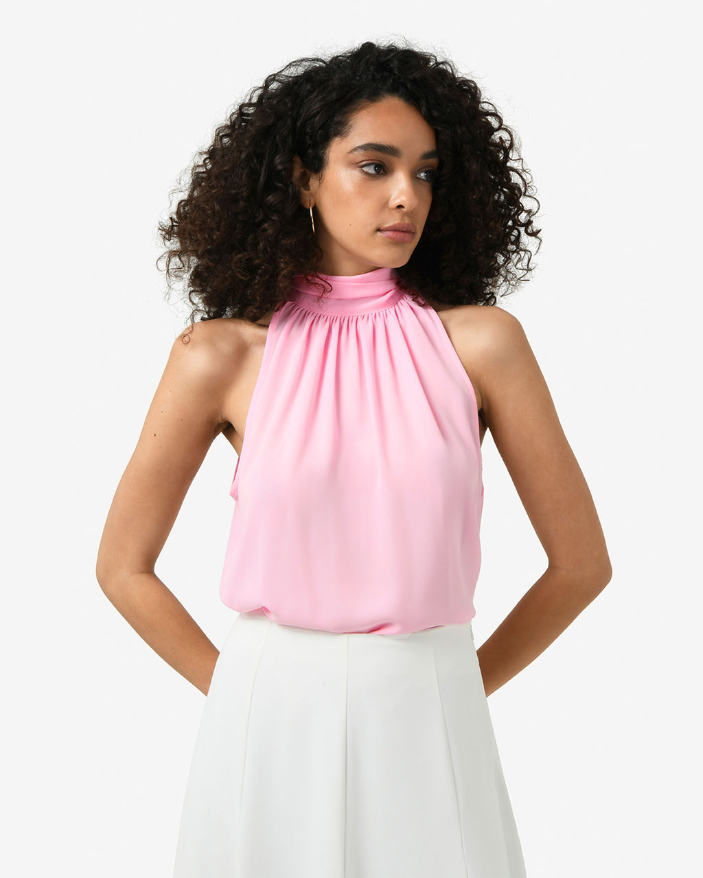 Shelby Draped Sleeveless Top in soft pink — side view