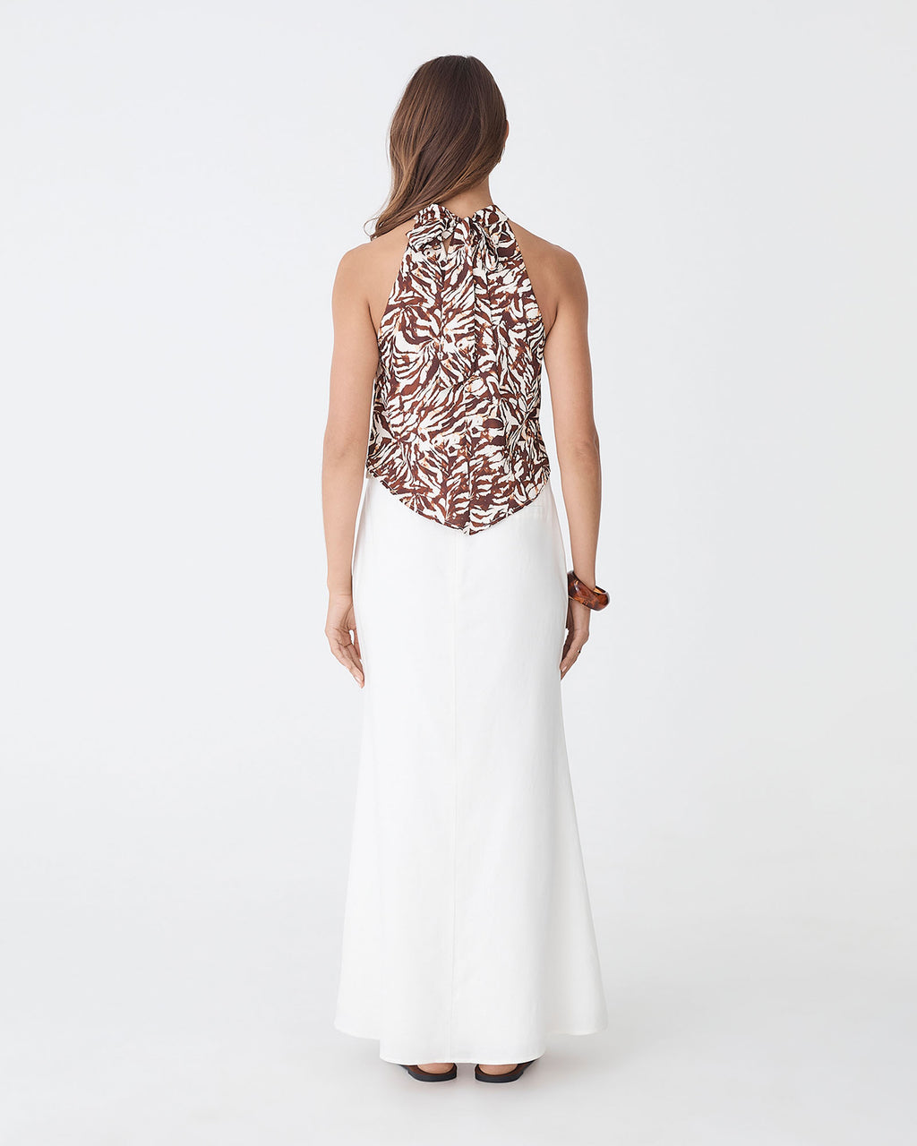 Zuhara Scarf Tie Top in brown zebra — back view
