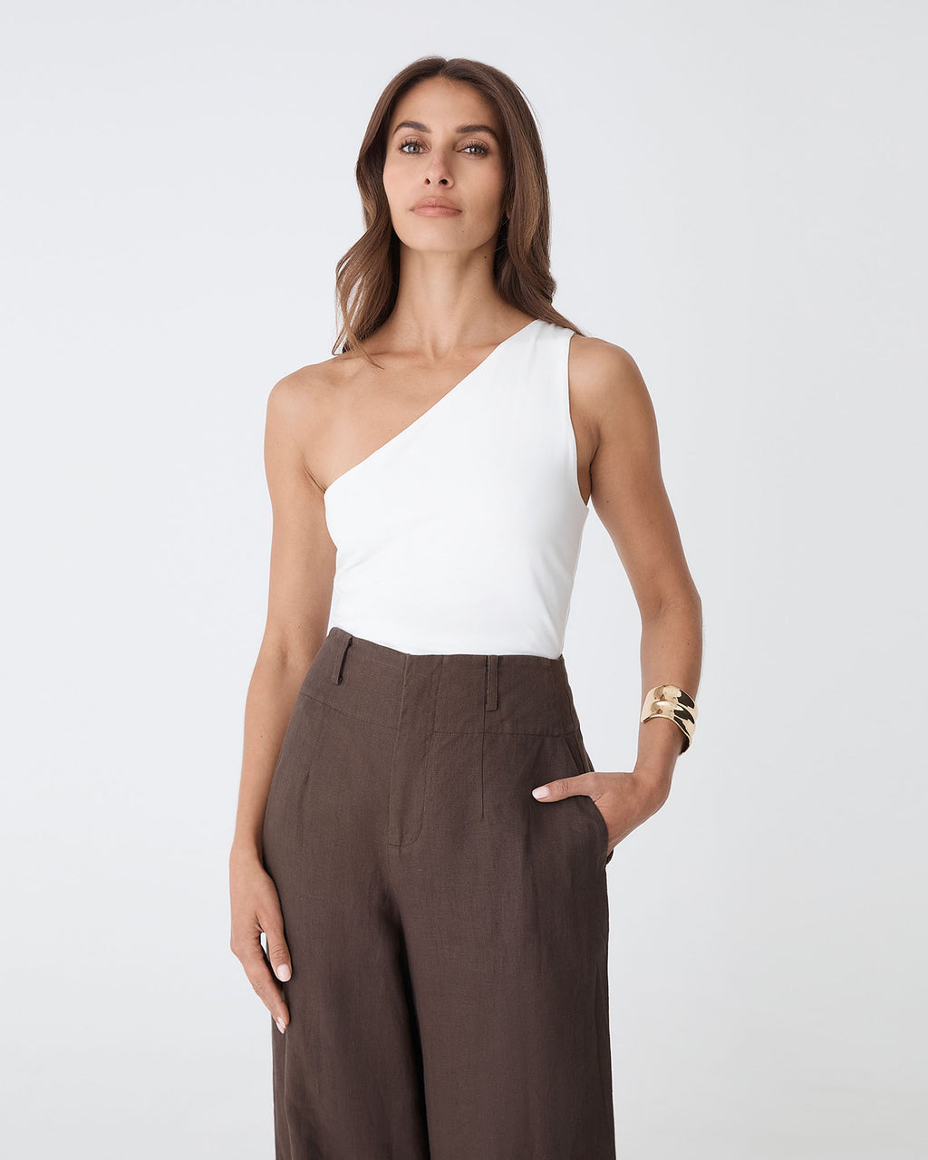 Holly Bamboo One Shoulder Top in ivory — close-up view