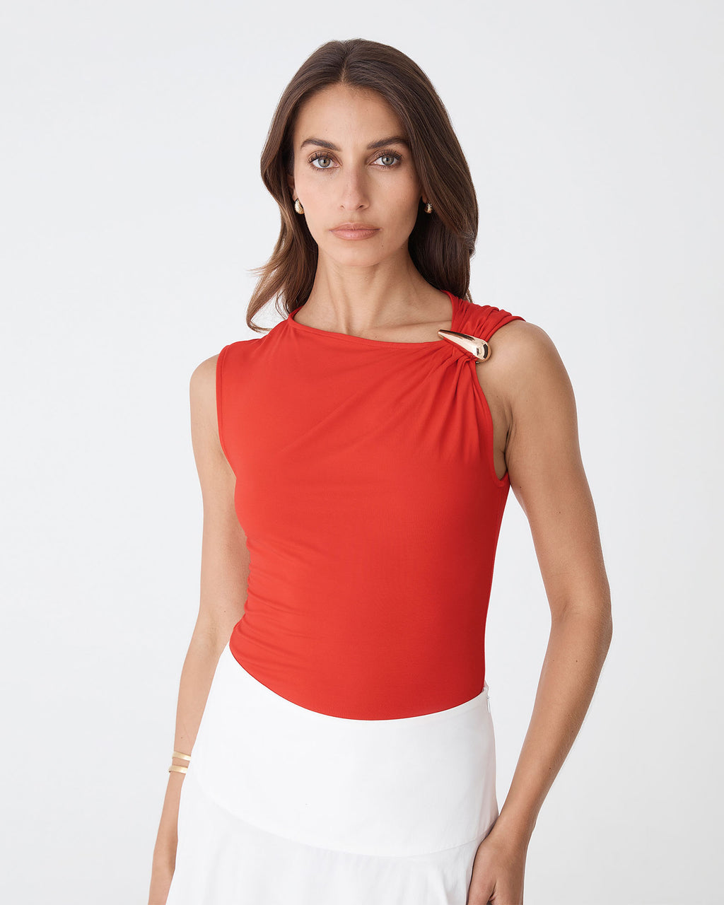 Kirsty Bamboo Ruched Top in vermillion — close-up view