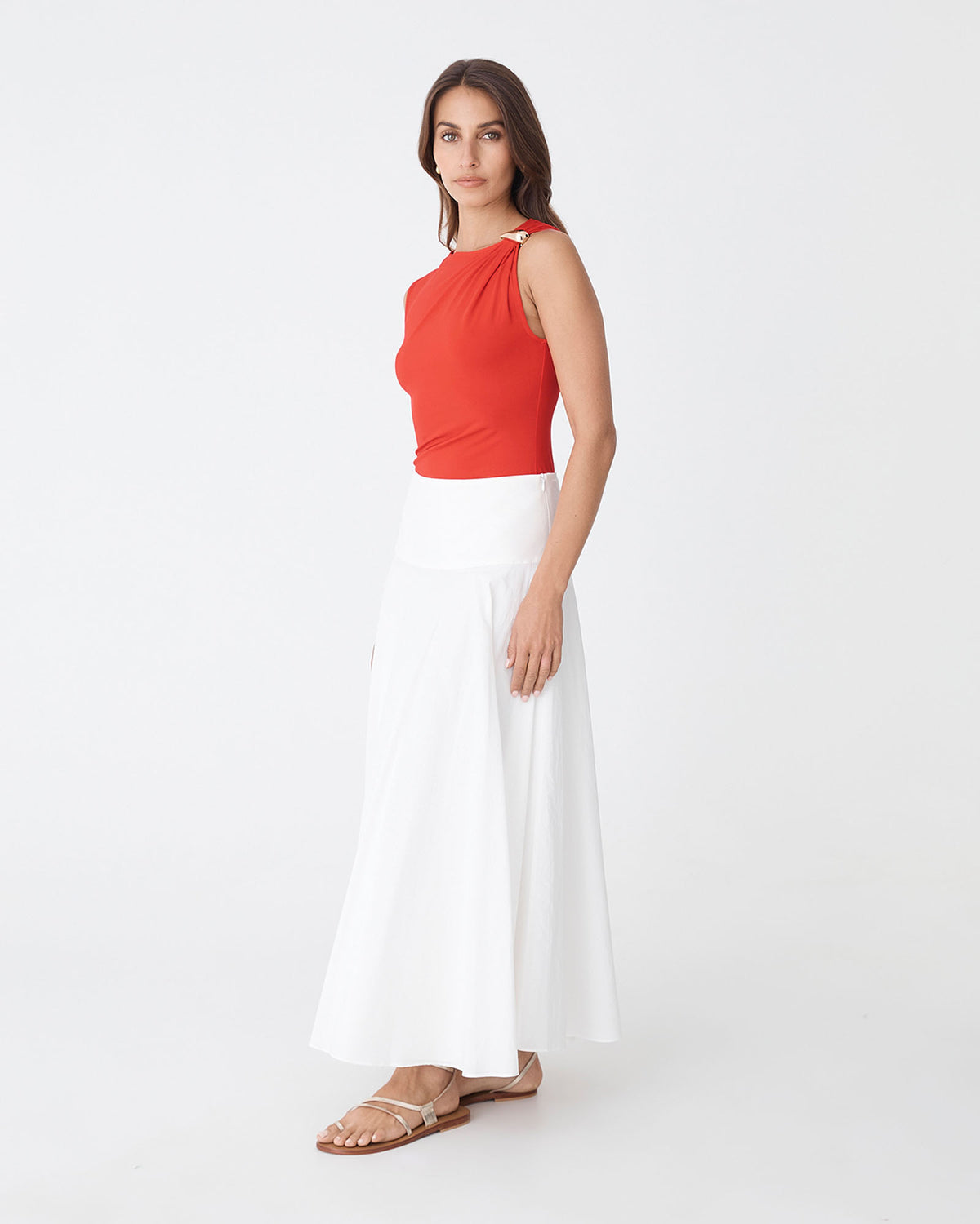 Kirsty Bamboo Ruched Top in vermillion — side view