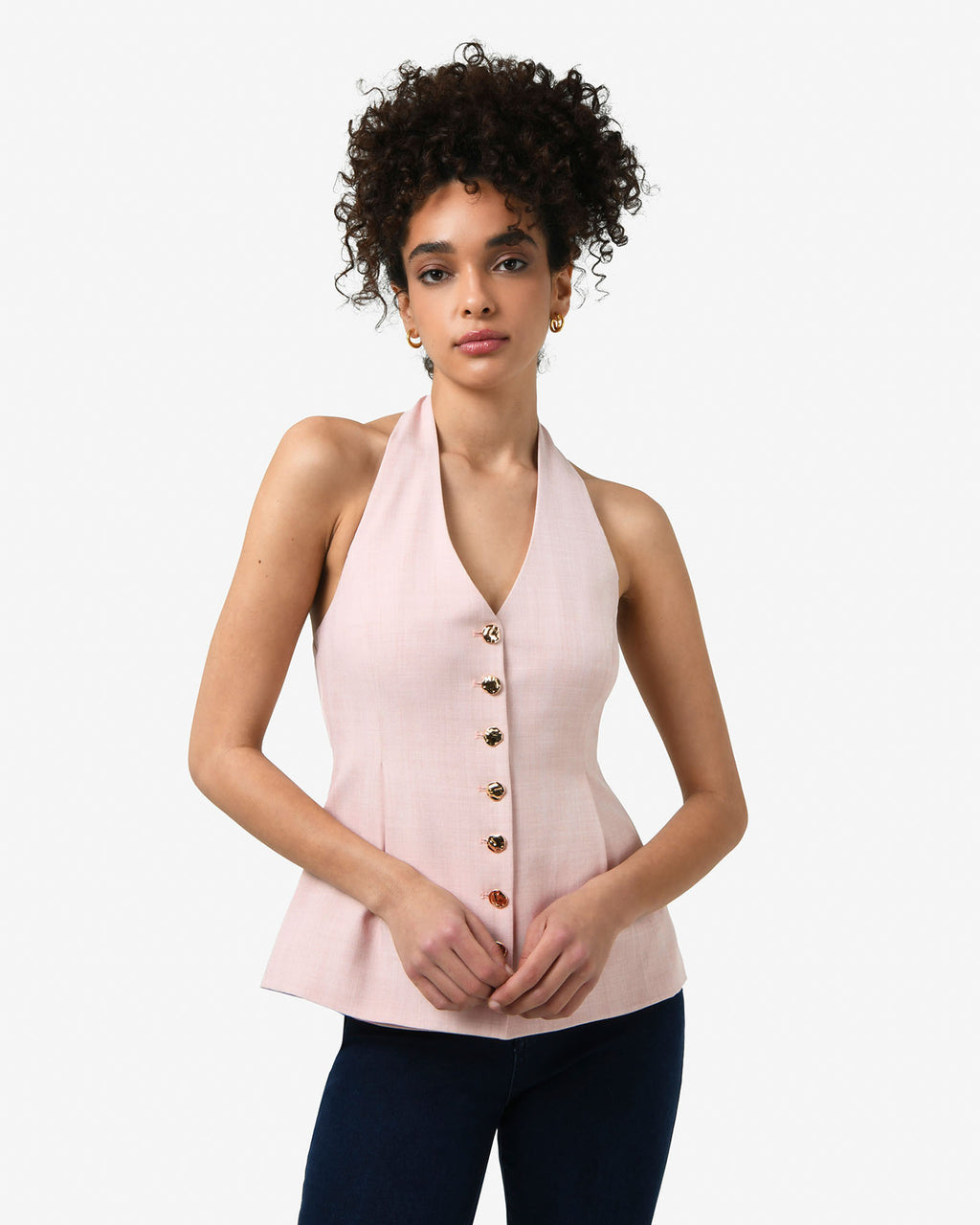 Lola Halter Neck Peplum Vest in pink — close-up view 2