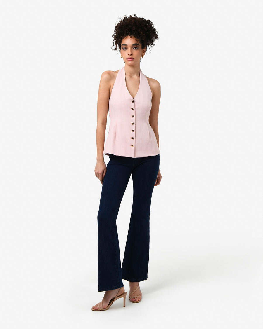 Lola Halter Neck Peplum Vest in pink — full-length view
