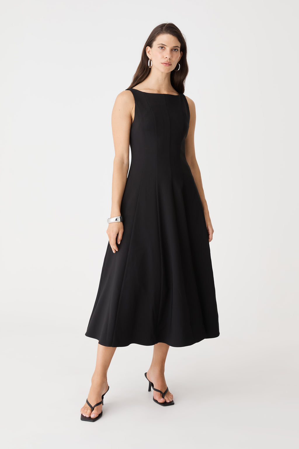 Sally Panel Midi Dress in black, front view, sleeveless with boat neckline and flared skirt