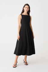 Sally Panel Midi Dress in black, front view, sleeveless with boat neckline and flared skirt