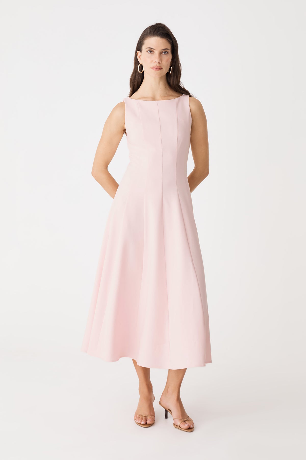 Sally Panel Midi Dress in pale pink, front view showing boat neckline, panel seams and flared skirt